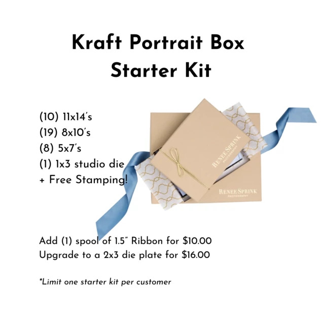Kraft Tan Tyndell 1" Portrait Box Starter Kit 5x7, 8x10, 11x14 with ribbon.
