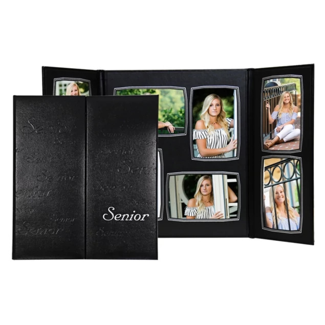 Black/Satin senior TAP Commencement Folio 4x6-8VH open and closed.