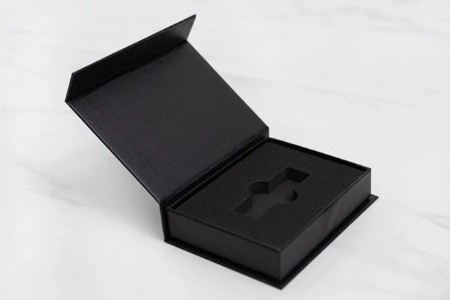 Textured Black Tyndell USB Gift Box with magnetic closure open.