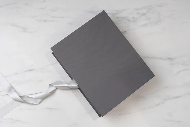 Slate Tyndell Fabric Portfolio Box with satin ribbon 8x10, 11x14 horizontal/vertical.