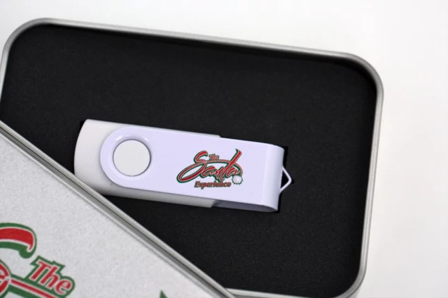 Tyndell White USB Swivel Drive and Metal Tin Bundle showing aluminum tin with foam insert for flash drive delivery