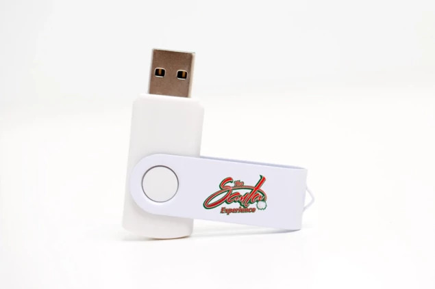 Tyndell White USB Swivel Drive and Metal Tin Bundle showing free laser engraving customization on White swivel drive
