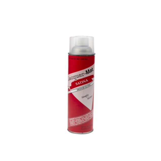 Lacquer-Mat Satina red label aerosol spray can.
