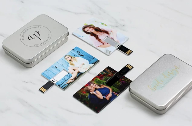 White Tyndell Credit Card Flash Drive USB & Aluminum Metal Tin Bundle 4GB, 8GB, 16GB.