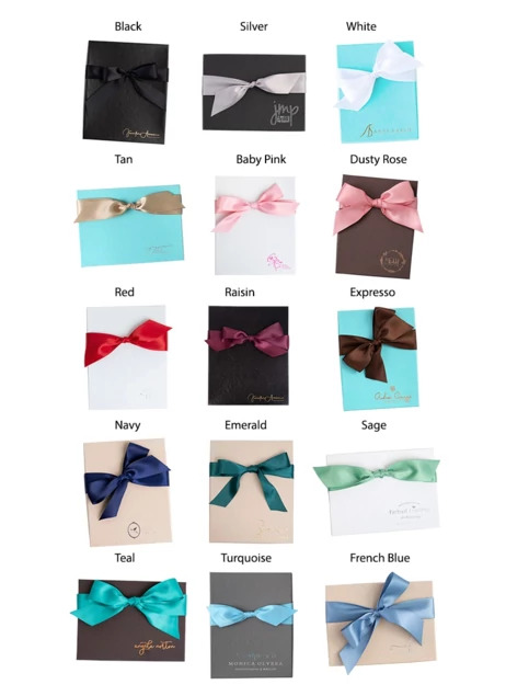 Tyndell Satin Ribbon Black, Silver, White, Tan, Baby Pink, Dusty Rose, Red, Raisin, Espresso, Navy, Emerald, Sage, Blue.