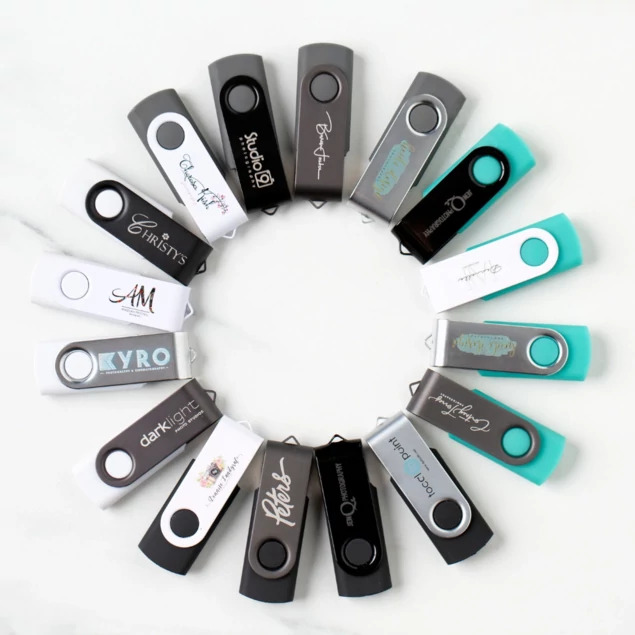 Black, Titanium, White, Teal, Aluminum Tyndell Swivel USB Flash Drive.