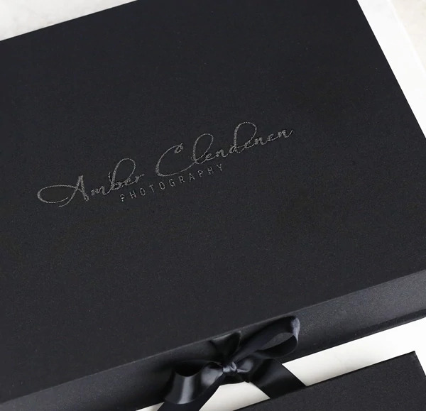 Black Tyndell Fabric Portfolio Box 8x10, 11x14 with satin ribbon closure.