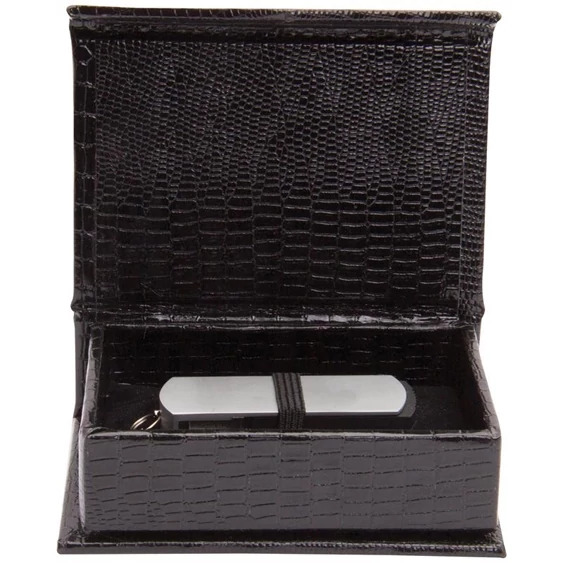 Black leather Tyndell USB Box magnetic closure. 