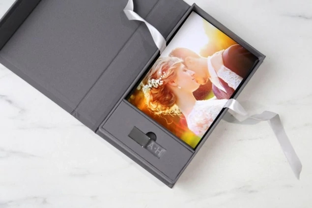 Slate Fabric Flash and Print Box closed showing fabric wrapped exterior and hinged lid design