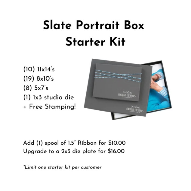 Slate Gray Tyndell 1" Portrait Box Starter Kit 5x7, 8x10, 11x14 with ribbon.