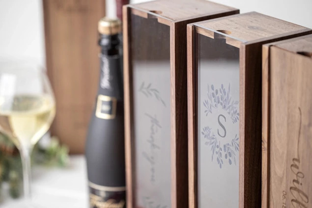 Walnut Tyndell Wood Wine Box with Clear Acrylic Top sliding lid with full color printing.