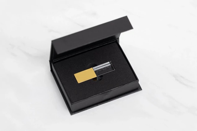 Textured Black Tyndell USB Gift Box with magnetic closure open.