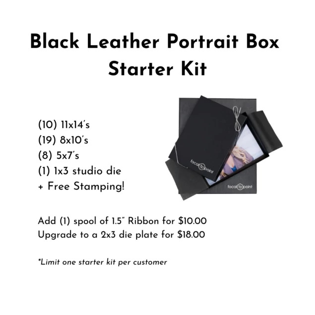 Black Leather Tyndell 1  Box Starter Kit 5x7, 8x10, 11x14 vertical horizontal with ribbon.