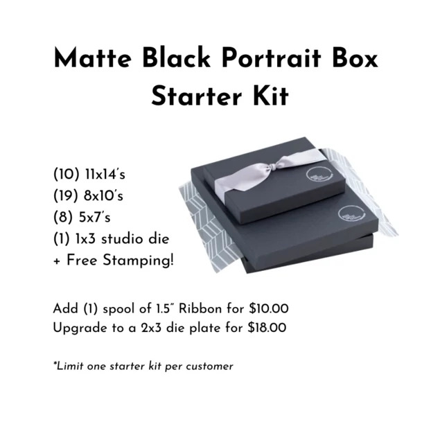 Matte Black Tyndell 1 Portrait Box Starter Kit 5x7 8x10 11x14 verticalhorizontal with ribbon