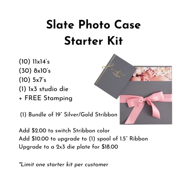 Slate gray Tyndell Photo Case envelope Starter Kit 5x7, 8x10, 11x14 with Stribbon or ribbon horizontal vertical. 