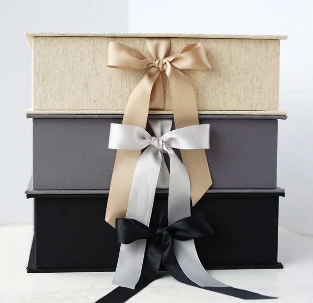 Linen, Slate, Black Tyndell Fabric Portfolio Box with satin ribbon 8x10, 11x14 horizontal/vertical.