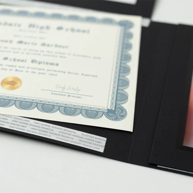 Black Grad Folder with black foil border holding two 10x8 horizontal prints or certificates