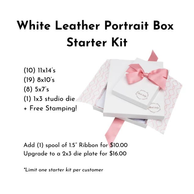 White Tyndell 1" Portrait Box Starter Kit 5x7, 8x10, 11x14 with ribbon horizontal/vertical.