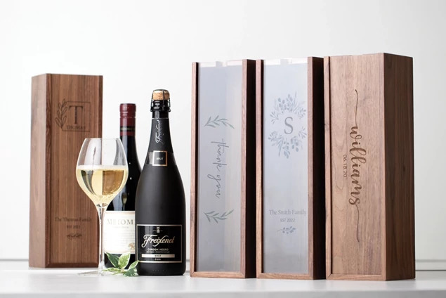Walnut Tyndell Wood Wine Box with Clear Acrylic Top sliding lid with full color printing.