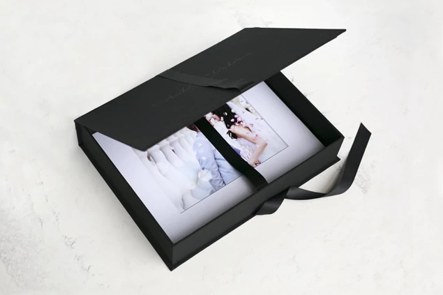 Slate Gray, Black, Linen Tyndell Portfolio Box with Ribbon 8x10, 11x14