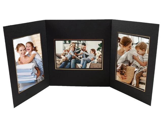 Side loading slip in Black/Gold TAP Promenade Folder 3 panel.
