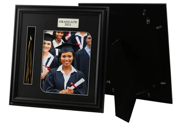Black Wood Graduation Tassel Frame easel back 4-4x5, 5x7, 8x10 horizontal/vertical with year.