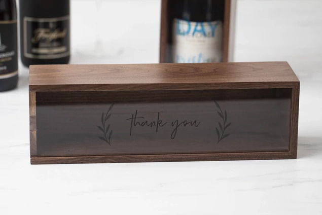 Walnut Tyndell Wood Wine Box with Clear Acrylic Top sliding lid with full color printing.