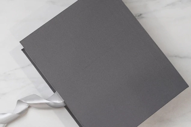 Slate Tyndell Fabric Portfolio Box with satin ribbon 8x10, 11x14 horizontal/vertical.