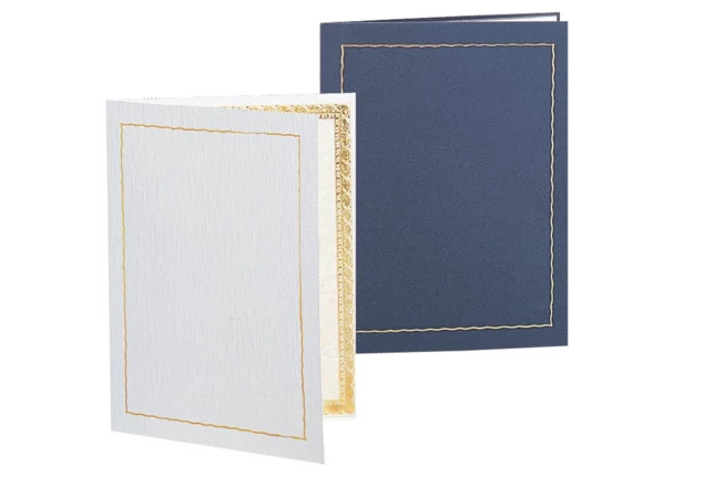 Side loading slip in White/Gold and Blue/Gold TAP Atlas Folder 8.5x11.
