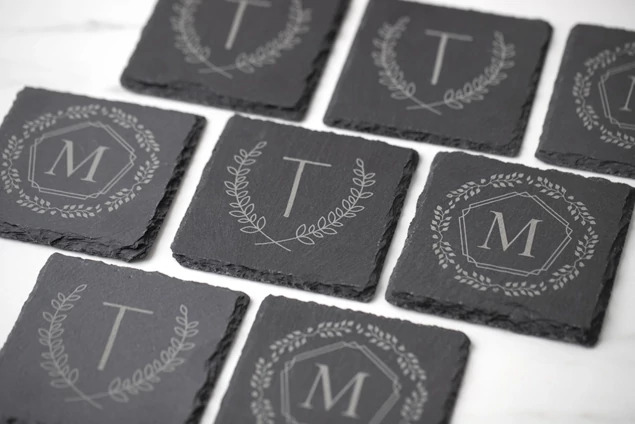Set of four gray Tyndell Slate Coasters with cork bottom with full color printing or engraving.