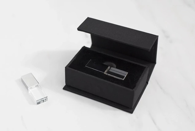 Black, Gold, Rose Gold, Silver Tyndell Crystal Flash Drive USB and Black, Slate, Linen Luxe Fabric Flash Drive USB Box 