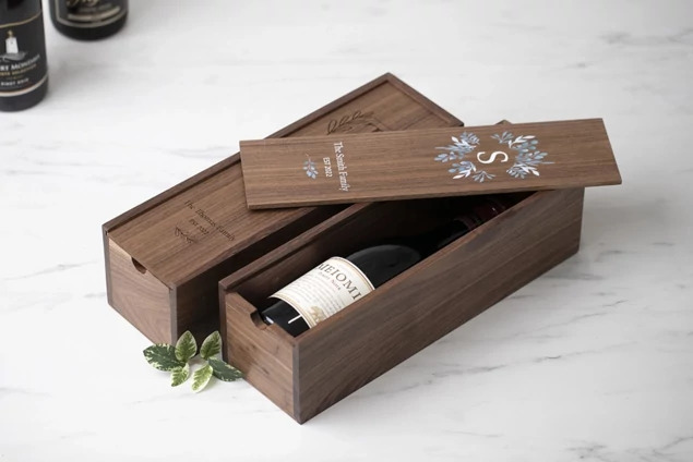 Walnut Tyndell Wood Wine Box with sliding lid with full color printing or engraving.